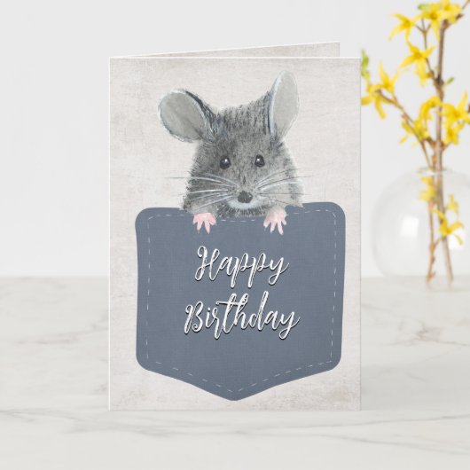 Happy Birthday Mouse in Pocket Kaart (Gele Bloem)