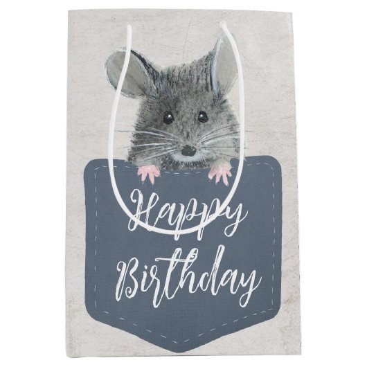 Happy Birthday Mouse in Pocket Medium Cadeauzakje (Voorkant)