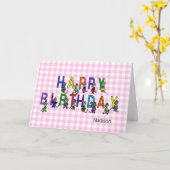 Happy Birthday-muizen op roze gingham Kaart (Gele Bloem)
