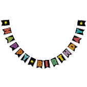 HAPPY BIRTHDAY = MULTICOLORED OP ZWARTE ACHTERGRON VLAGGETJES (Alle)