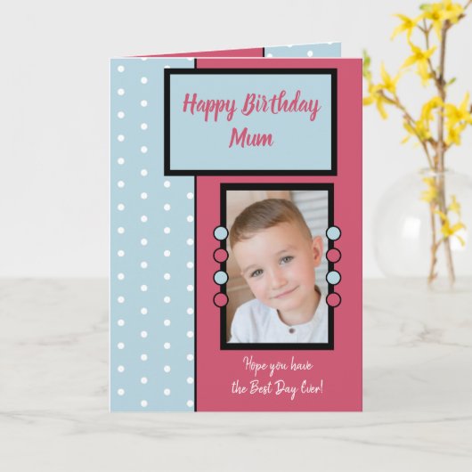 Happy Birthday Mum roze en blauwe foto Kaart (Gele Bloem)