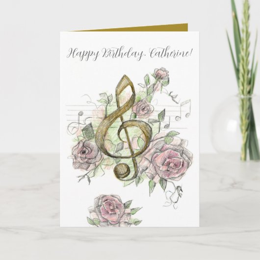 Happy Birthday Music Note Treble Clef Roses Custom Kaart (Voorkant)