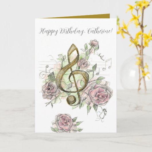 Happy Birthday Music Note Treble Clef Roses Custom Kaart (Gele Bloem)