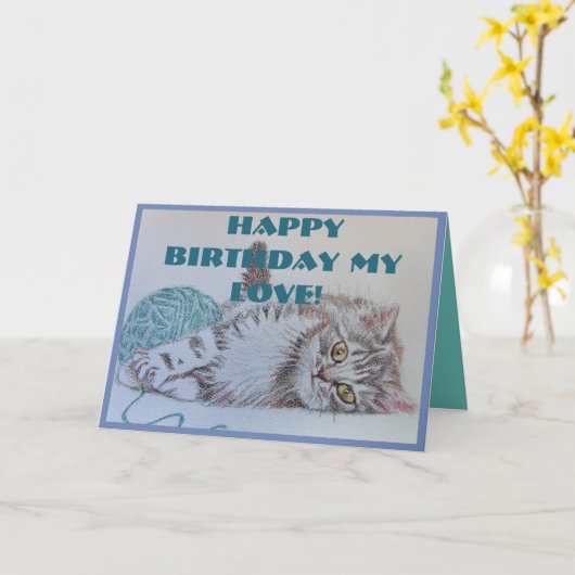 Happy Birthday My Love Cute Cat Art Greetcard Kaart (Gele Bloem)