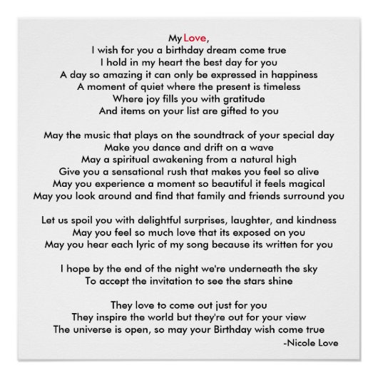 Happy Birthday My Love Poem Poster (Voorkant)