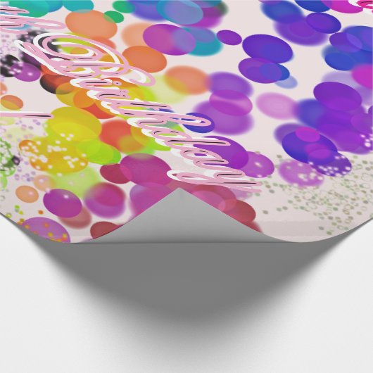 Happy Birthday Naam Multicolor Abstract Bokeh Cadeaupapier (Hoek)