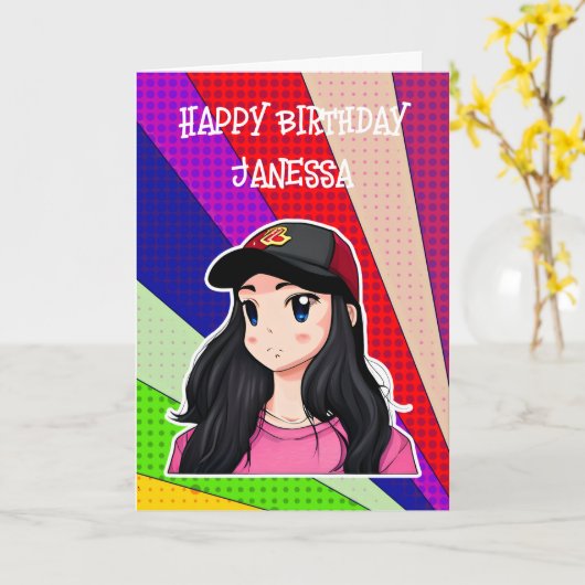 Happy Birthday (Naam toevoegen) Anime Meisje Kaart (Gele Bloem)