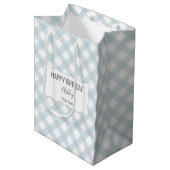 Happy Birthday + Naam + Van Blue Gingham Medium Cadeauzakje (Voorkant Gekanteld)
