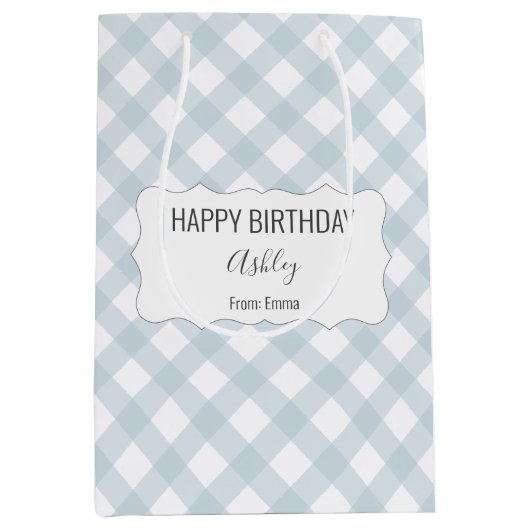 Happy Birthday + Naam + Van Blue Gingham Medium Cadeauzakje (Voorkant)