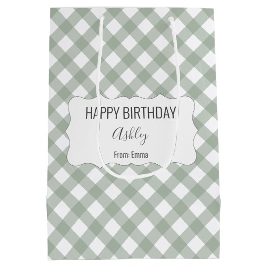 Happy Birthday + Naam + Van Green Gingham Medium Cadeauzakje (Achterkant)