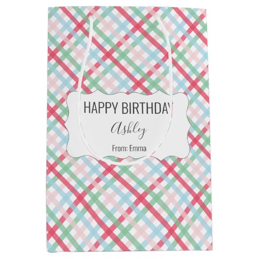 Happy Birthday + Naam + Van Kleurrijke Gingham Medium Cadeauzakje (Voorkant)