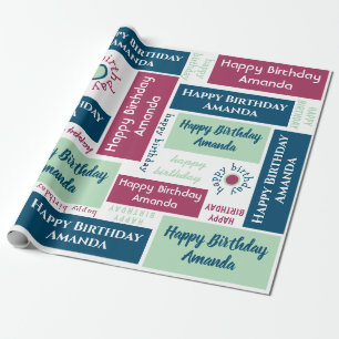 Happy Birthday Name Blue Mint Green Dark Pink Cadeaupapier