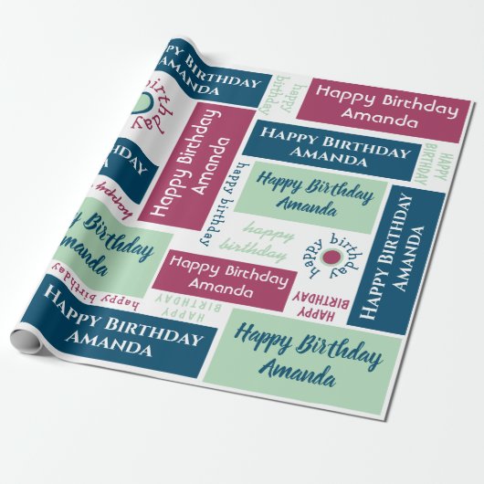 Happy Birthday Name Blue Mint Green Dark Pink Cadeaupapier (Uitgerold)