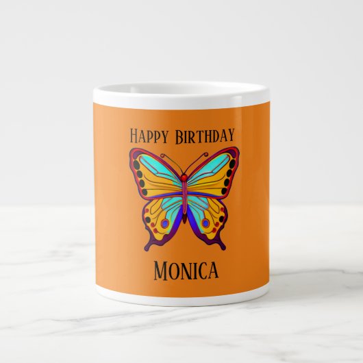 Happy Birthday "Name" Butterfly Sinaasappel Grote Koffiekop (Voorkant)