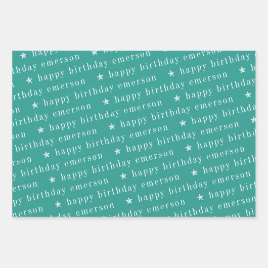 Happy Birthday Name Pattern Blue Blauwgroen Inpakpapier Vel (Voorkant 3)