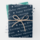 Happy Birthday Name Pattern Blue Blauwgroen Inpakpapier Vel (In situ)