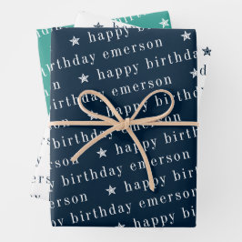 Happy Birthday Name Pattern Blue Blauwgroen Inpakpapier Vel