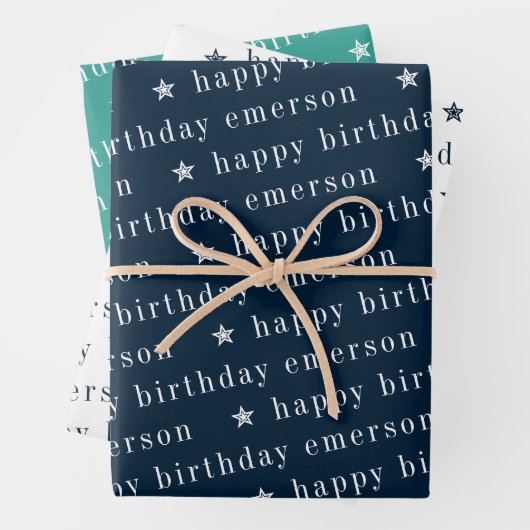 Happy Birthday Name Pattern Blue Blauwgroen Inpakpapier Vel (In situ)