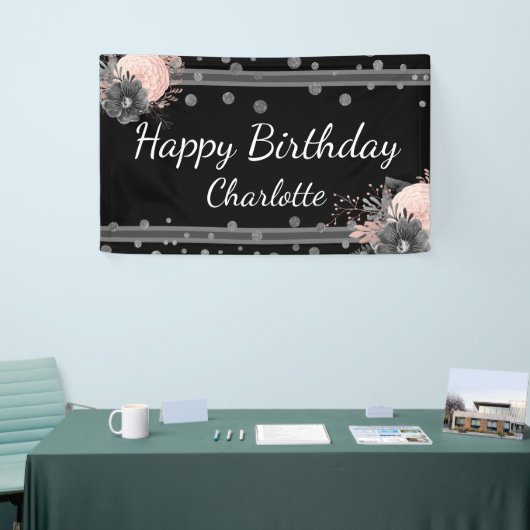 Happy Birthday Name Pink Flowers Confetti Spandoek (Beurs)