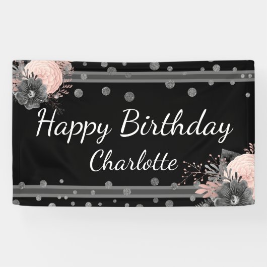 Happy Birthday Name Pink Flowers Confetti Spandoek (Horizontaal)