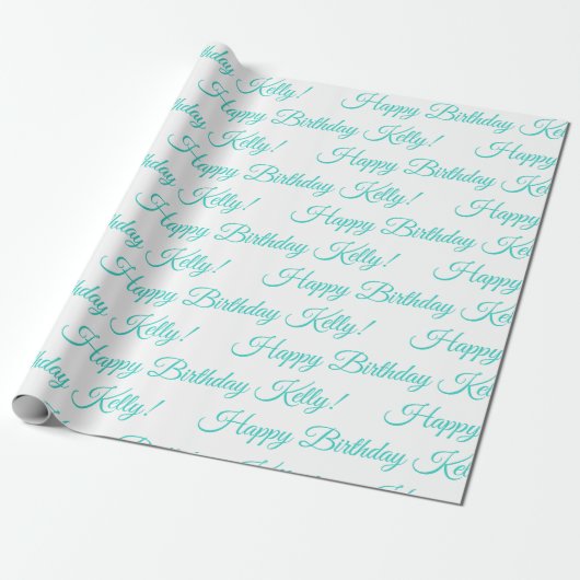 Happy Birthday Name Turquoise Gepersonaliseerd Cadeaupapier (Uitgerold)