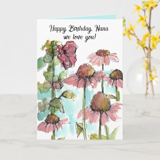Happy Birthday Nana Pink Wildflowers Waterverf Kaart (Gele Bloem)