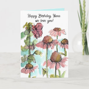 Happy Birthday Nana Pink Wildflowers Waterverf Kaart