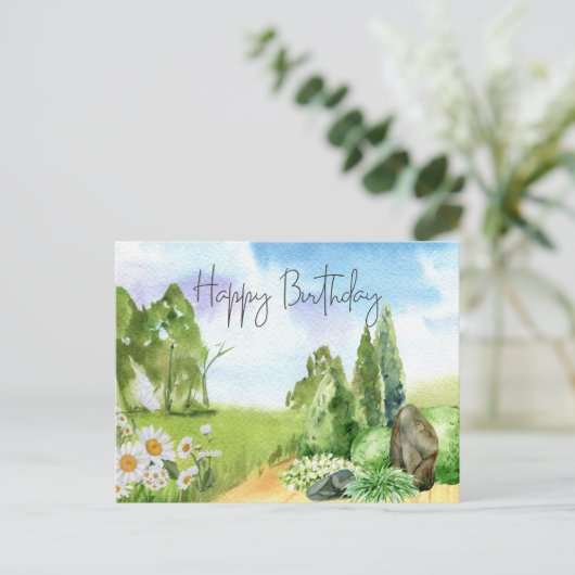 Happy Birthday Natuur Landscape en Daisy Flowers Briefkaart (Staand voorkant)