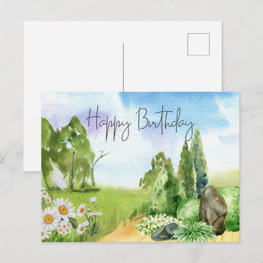 Happy Birthday Natuur Landscape en Daisy Flowers Briefkaart (Voorkant / Achterkant)
