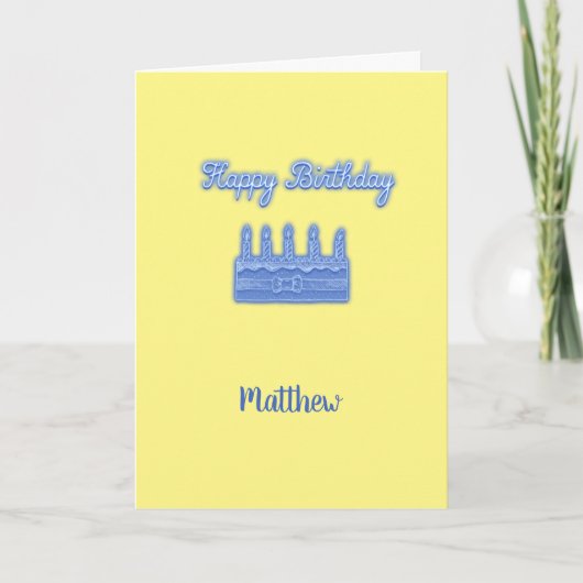 Happy Birthday Neon Blue Text met Cake Custom Kaart (Voorkant)