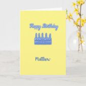 Happy Birthday Neon Blue Text met Cake Custom Kaart (Gele Bloem)