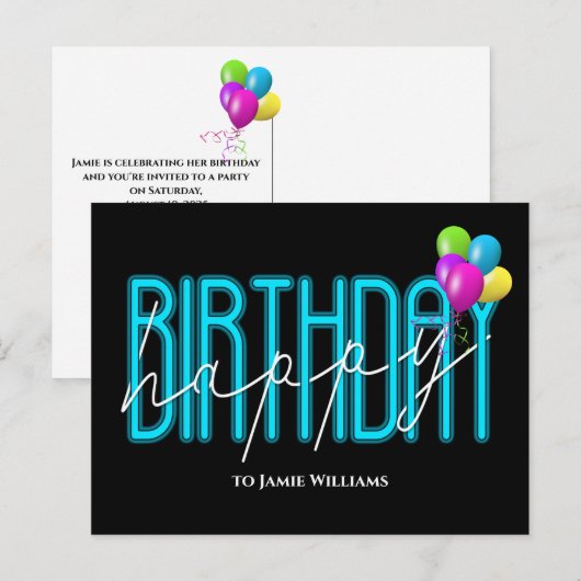 Happy Birthday Neon feestballonnen uitnodigen Uitnodiging Briefkaart (Voorkant / Achterkant)