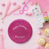 Happy Birthday neon hot roze glitter Papieren Bordje (Feest)
