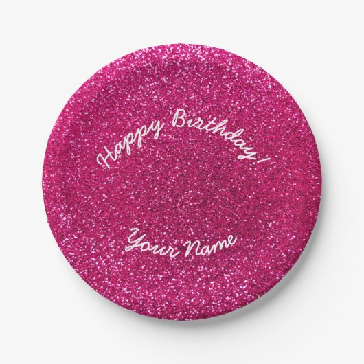Happy Birthday neon hot roze glitter Papieren Bordje (Voorkant)