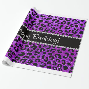 Happy birthday neon paarse glitter cheetah vlekken cadeaupapier