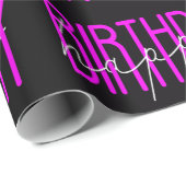 Happy Birthday Neon Pink op zwart Cadeaupapier (Rol Hoek)