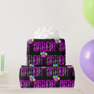 Happy Birthday Neon roze met ballonnen Cadeaupapier