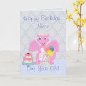 Happy Birthday Niece, Cute Pink Dragon Cartoon Kaart (Gele Bloem)