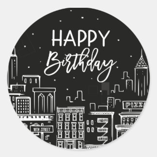 Happy Birthday Night City Scape Ronde Sticker
