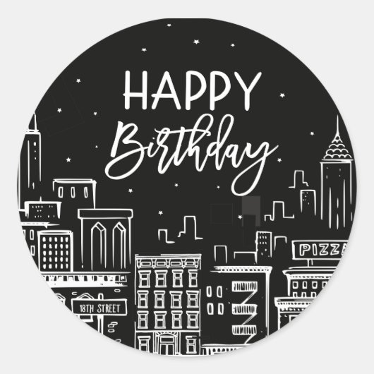 Happy Birthday Night City Scape Ronde Sticker (Voorkant)
