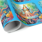 Happy Birthday Octopus Party Hat Watercolor Design Cadeaupapier (Rol Hoek)