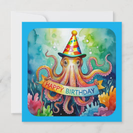 Happy Birthday Octopus Party Hat Watercolor Design Kaart