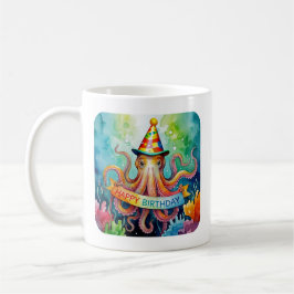 Happy Birthday Octopus Party Hat Watercolor Design Koffiemok