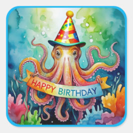 Happy Birthday Octopus Party Hat Watercolor Design Vierkante Sticker
