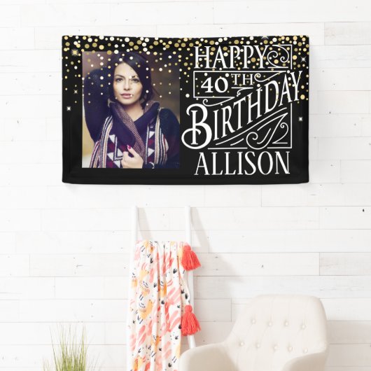 Happy Birthday-ontwerp met gouden confetti Spandoek (Insitu)