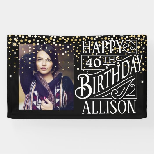 Happy Birthday-ontwerp met gouden confetti Spandoek (Horizontaal)