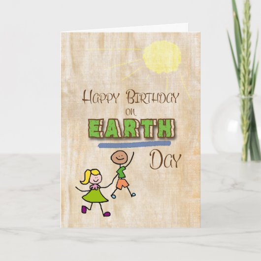 Happy Birthday op Earth Day Stick Kinder woordkuns Kaart (Voorkant)