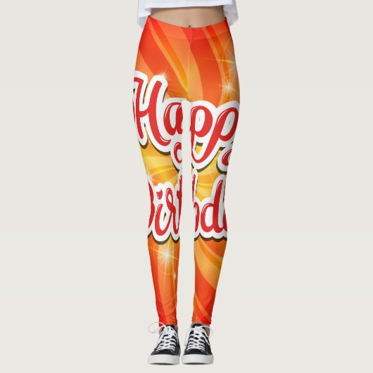 Happy Birthday Oranje Achtergrond Leggings (Voorkant)