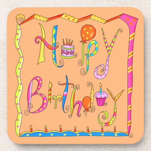 Happy Birthday Oranje Cork Onderzetter set (Voorkant)