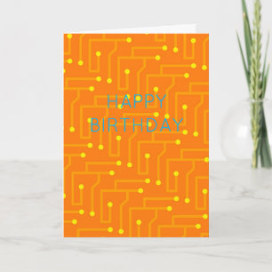 Happy Birthday Oranje Yellow Modern Circuit Board Kaart
